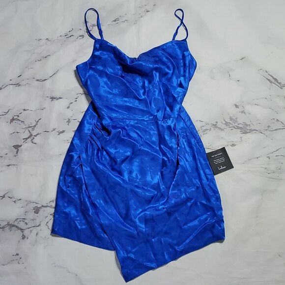 Lulu's Dresses & Skirts - LuLus Blue Satin Cowl Neck Faux Wrap Mini Dress